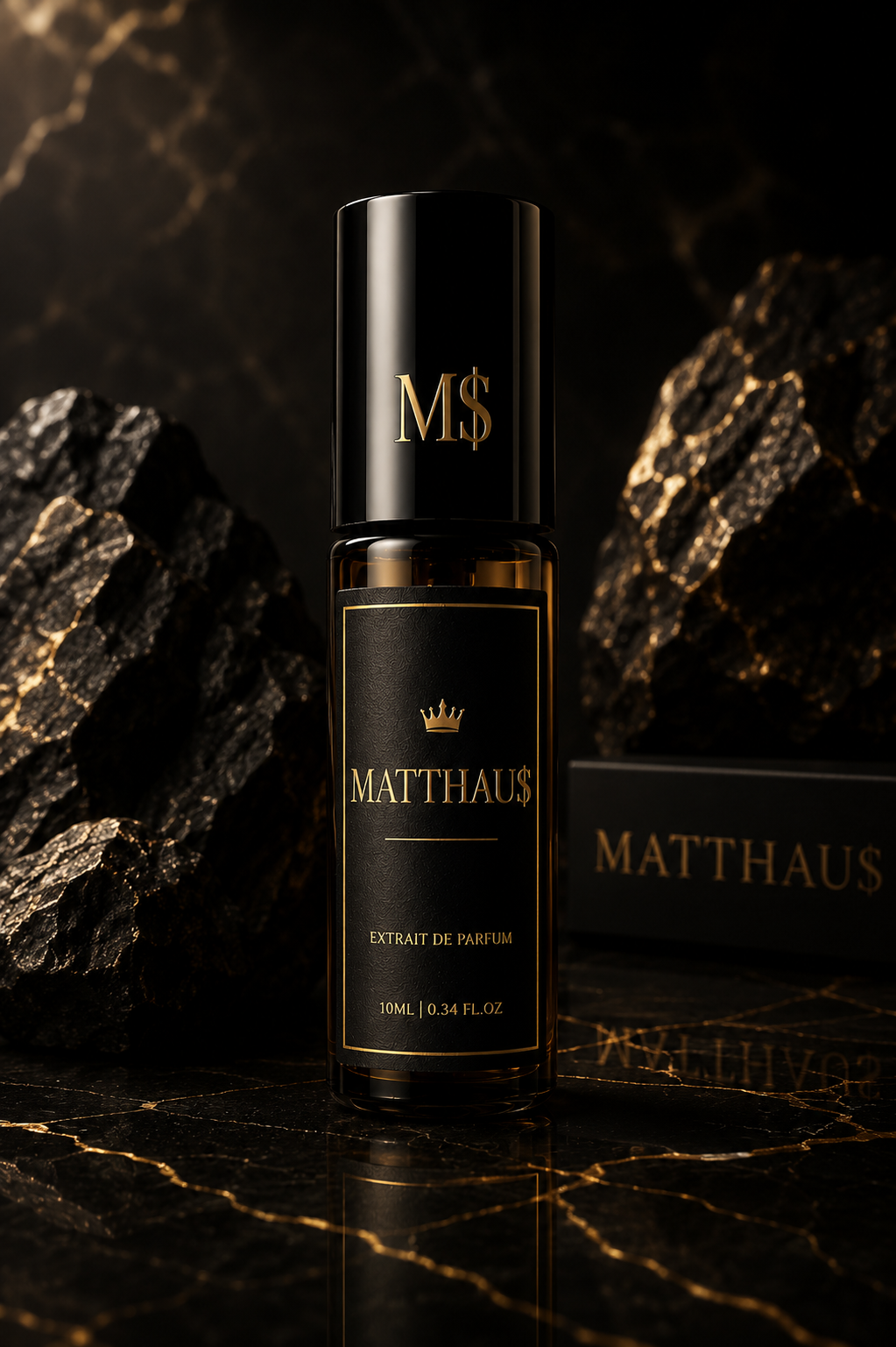 Matthaus perfume bottle with packaging on a dark textured background