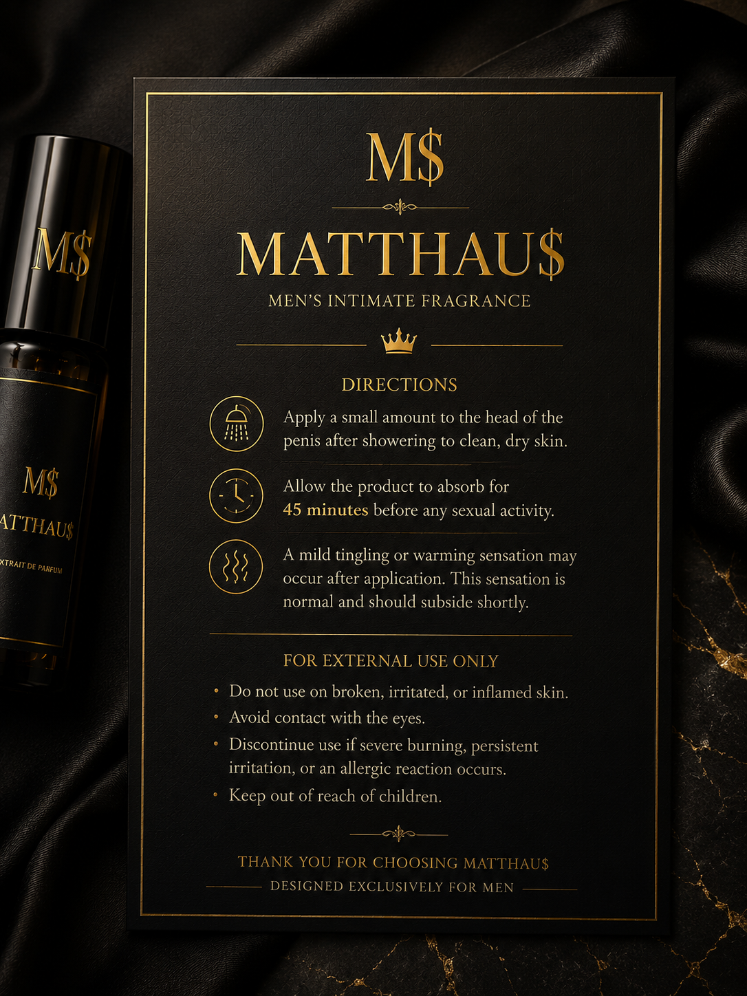 Matthaus men's intimate fragrance bottle with usage instructions on a dark background